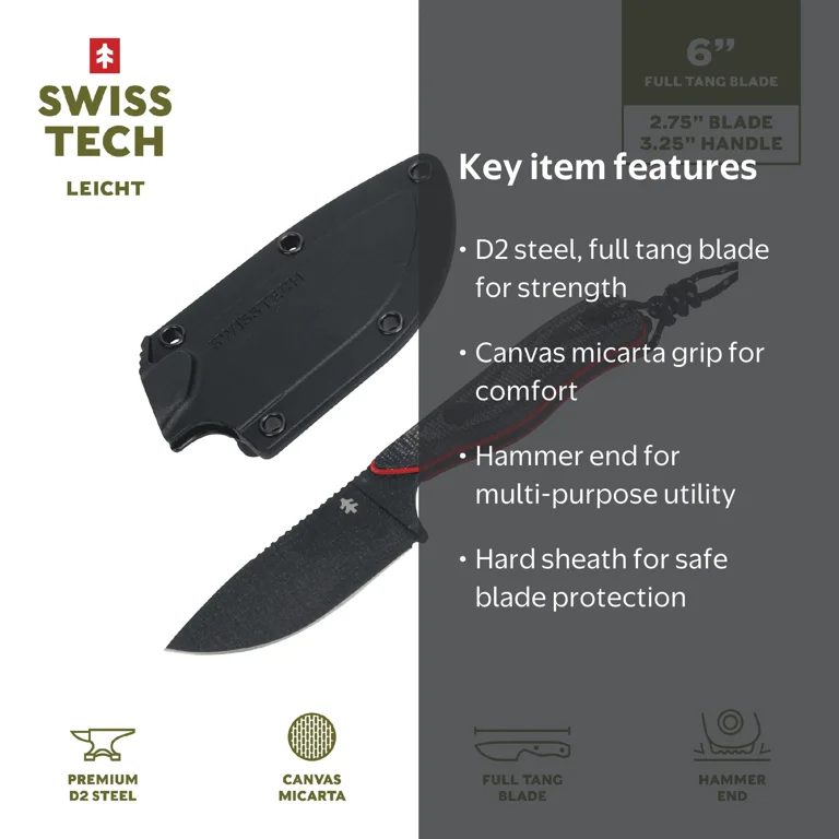 Free Shipping! Swiss Tech Fixed Blade Knife with D2 Steel, Canvas