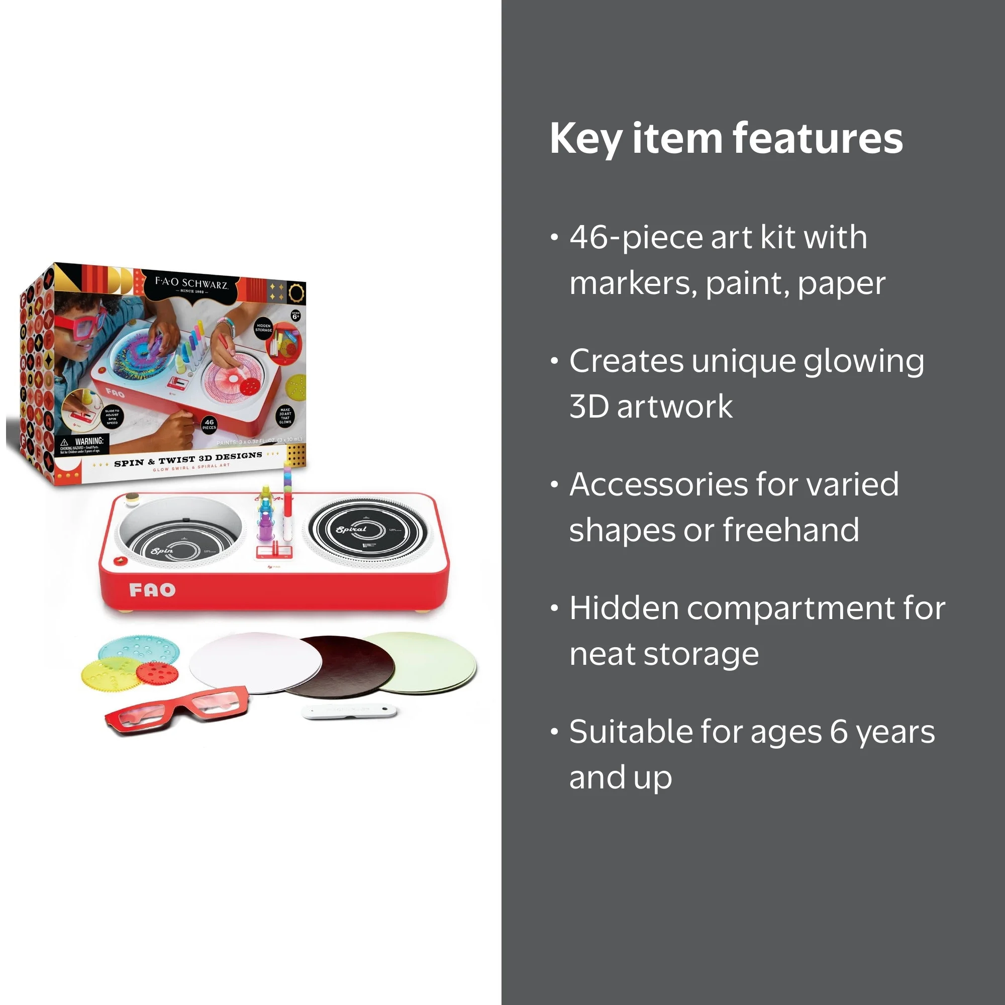 Fao Schwarz Glow Swirl Art Kit, DIY Neon Paint, 3D Glasses, Ages 6