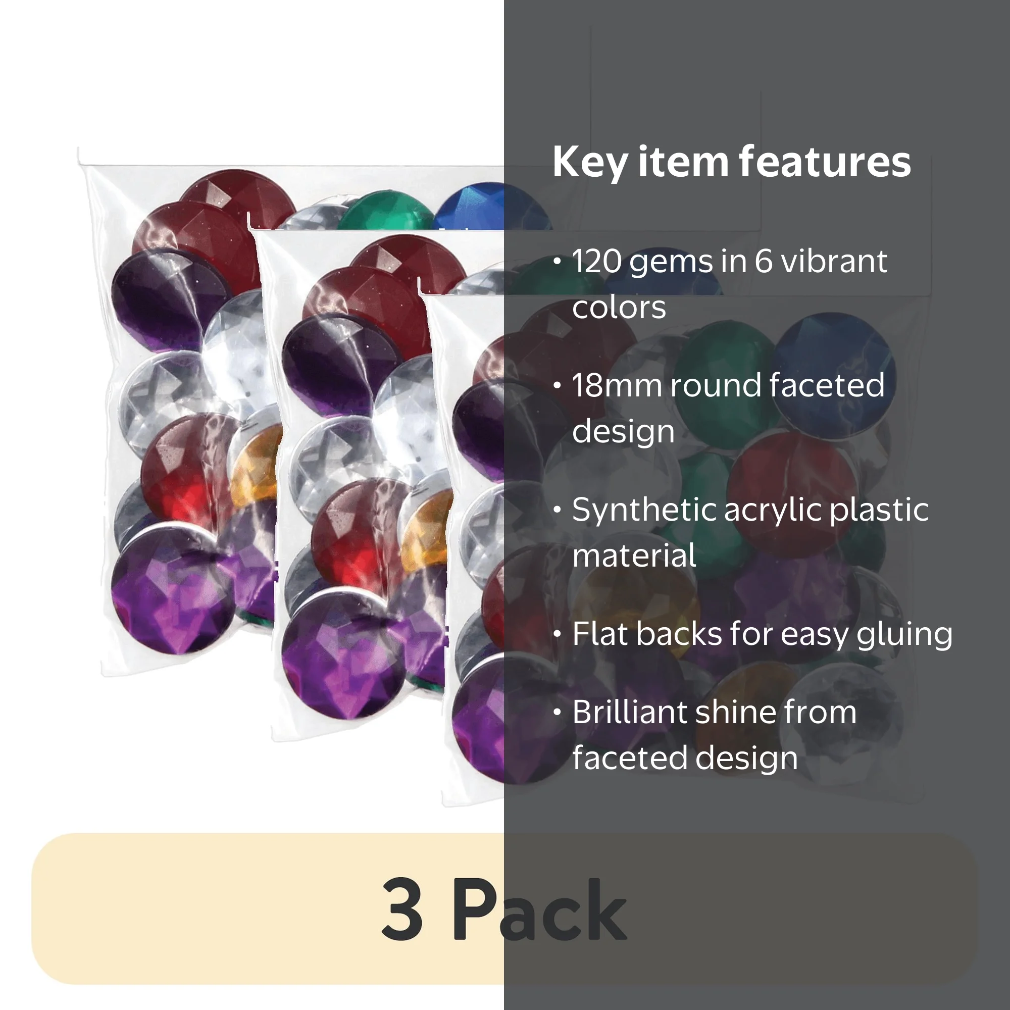 3 pack) Hello Hobby 18mm Loose Gems for Crafting, Assorted Colors