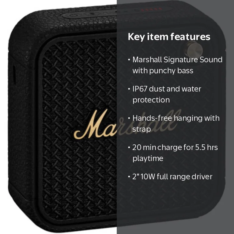 Marshall WILLEN II Bluetoothスピーカー 黒 Marshall, Portable Bluetooth Speaker, WILLEN2BTBK, IP67 Waterproof
