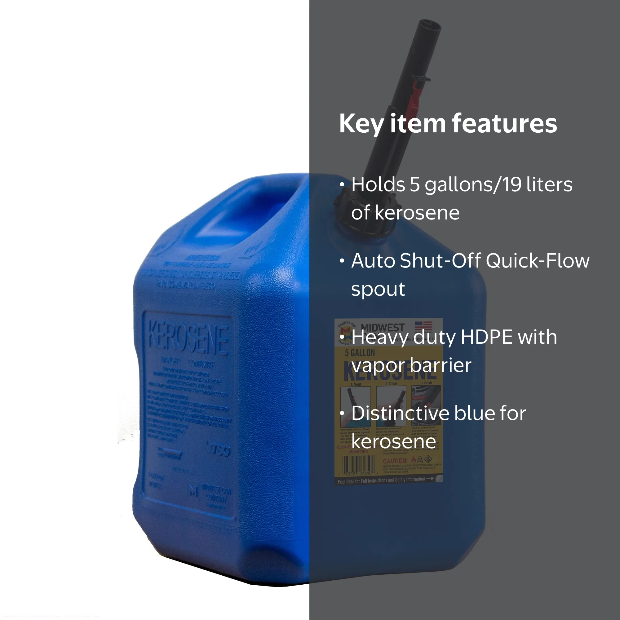 Midwest Can, 5 Gallon Kerosene Can, Auto Shut Off Nozzle, Flame