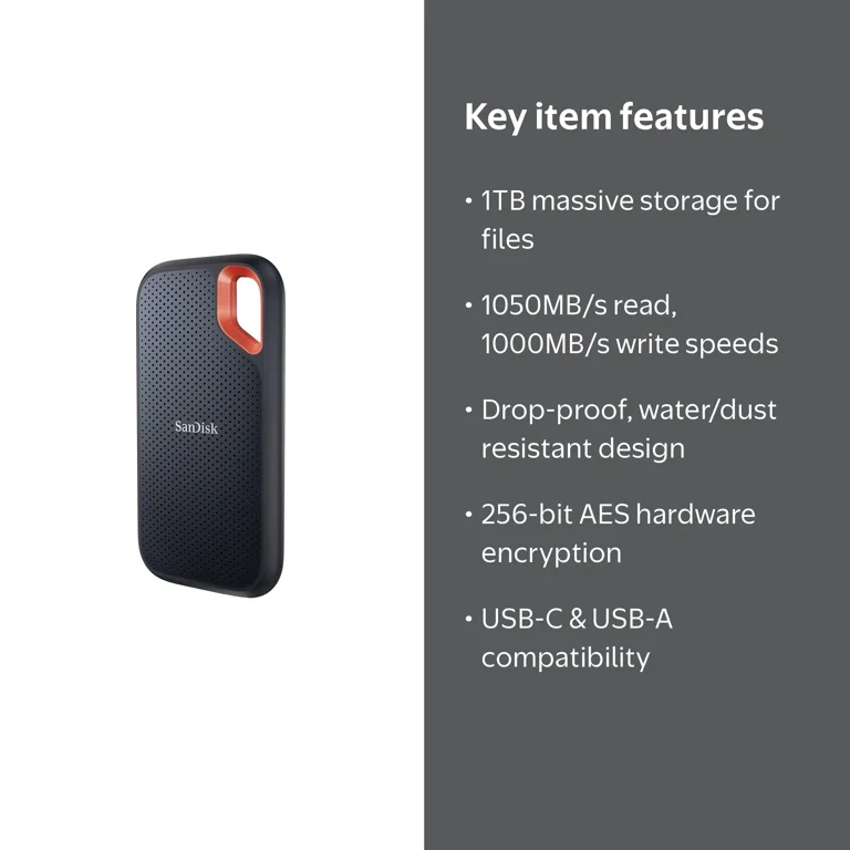 SanDisk Extreme Portable SSD 1TB - USB 3.1 Gen 2 External Drive