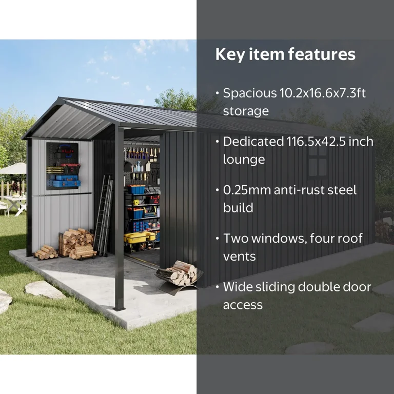 Jocisland 10x16.6x7.3 ft Metal Storage Shed with Lounge Area, 2