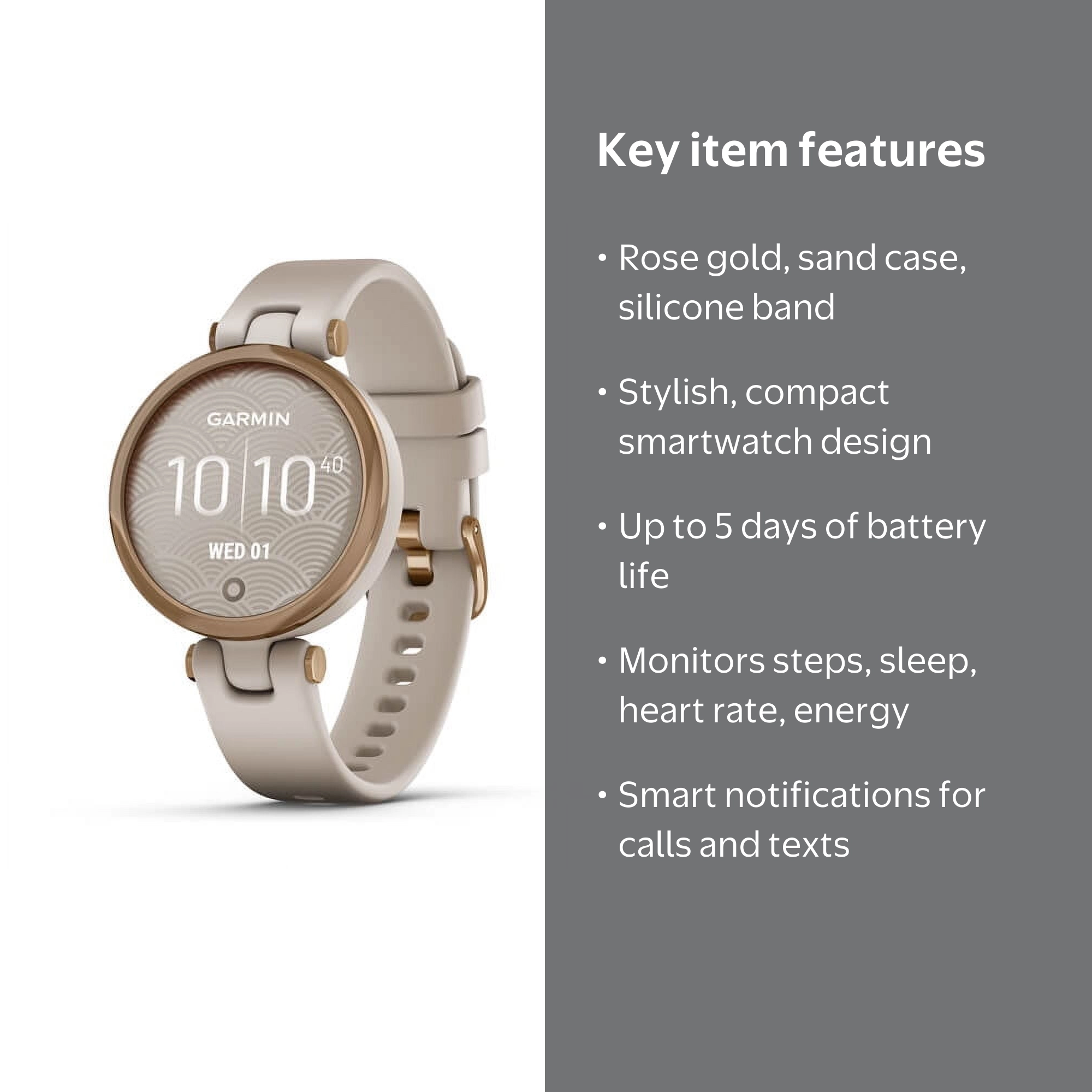 Garmin Lily™ Fitness Smartwatch, Rose Gold Bezel, Light Sand Case