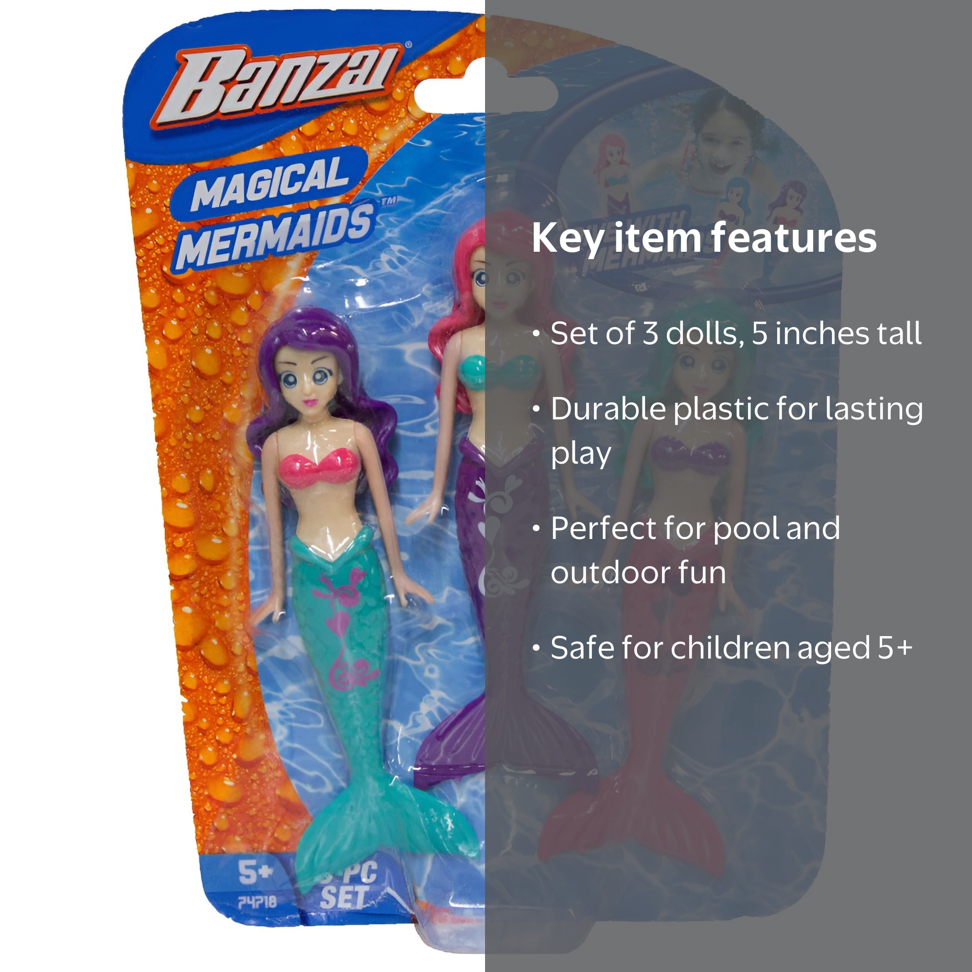 Banzai 3 Piece Magical Mermaid Dolls, Water Toys for Diving, Ages