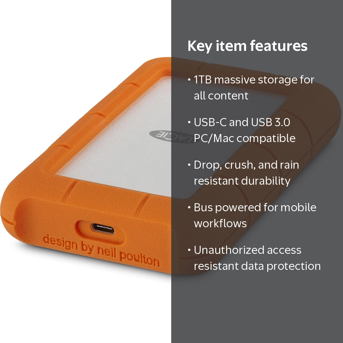 LaCie, External Hard Drive, Rugged USB-C 3.1 1TB, Durable