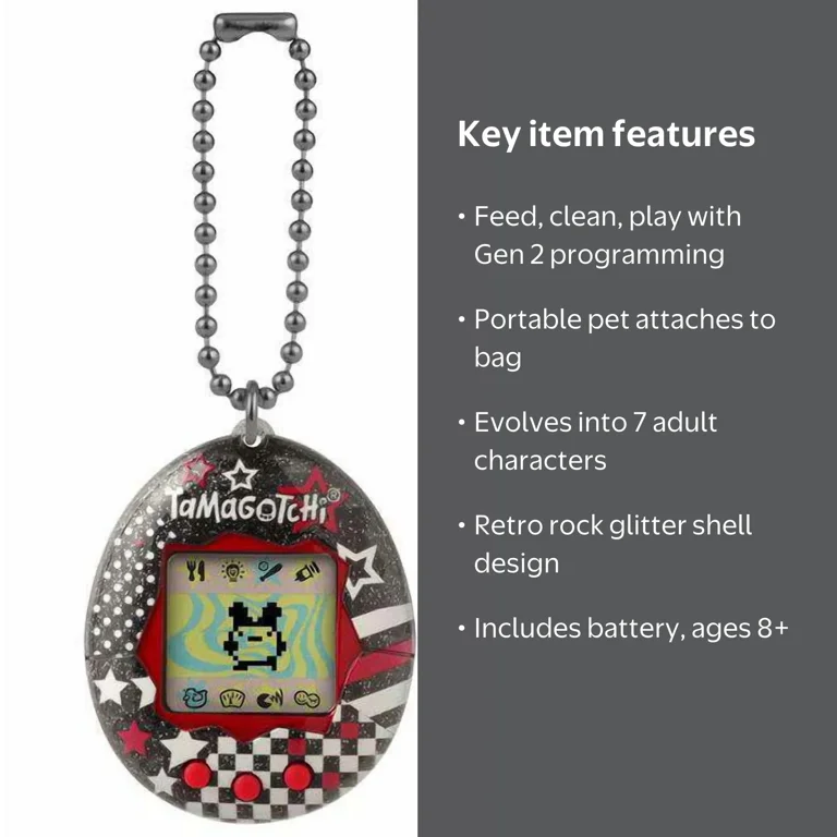 Tamagotchi, Digital Pet, Rock Glitter, Includes Chain, Feed, Play