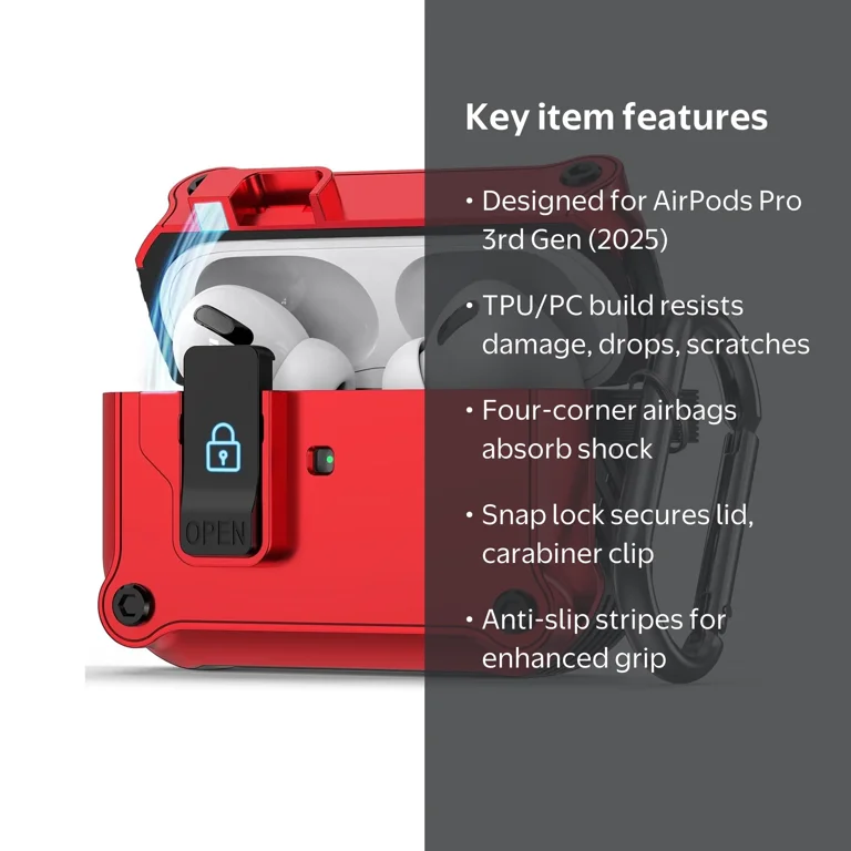 Dteck, AirPods Pro 3 Case Cover, Red, Shockproof Full-Body