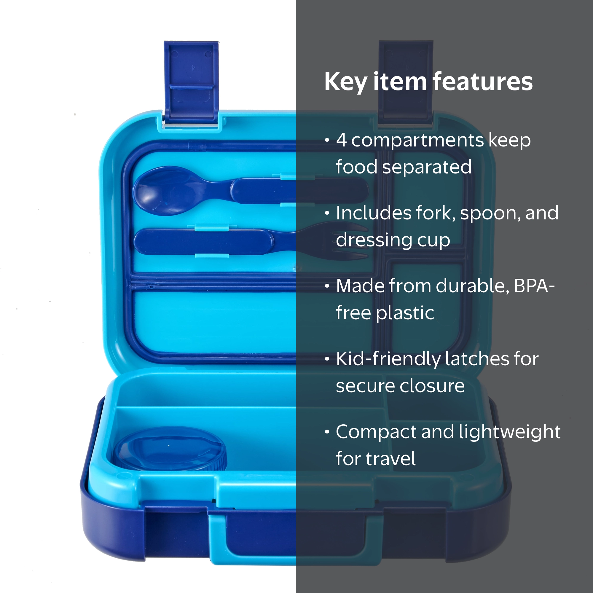 Your Zone Kids Bento Lunch Box, 4-Compartment, Utensils, Blue