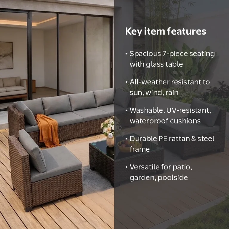 Aiho 7 Piece Patio Sectional, Rattan Wicker Sofa Set with Cushions