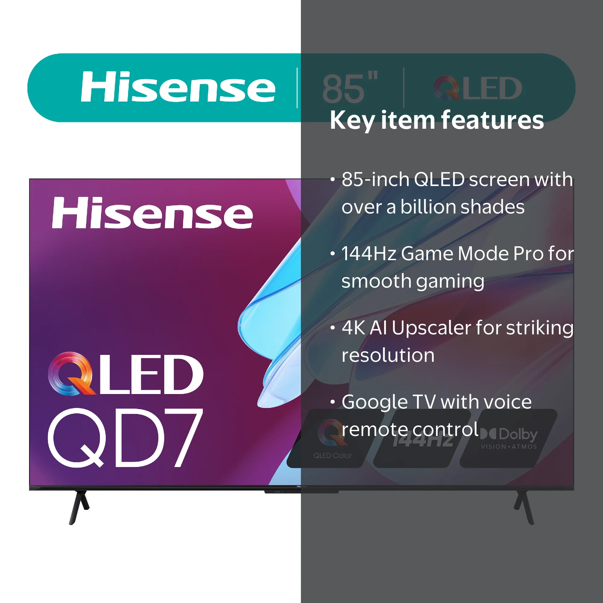 Hisense, 85-Inch QLED 4K UHD Smart TV, 85QD75N, Native 144Hz
