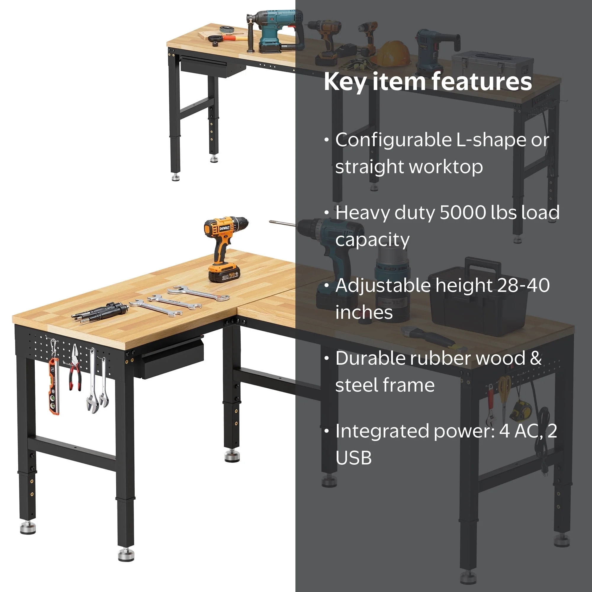 MUWOOD, 96-inch Heavy-Duty L-Shaped Workbench, Adjustable Height