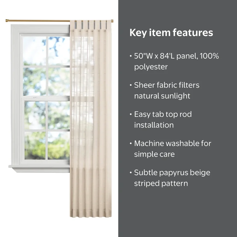 Mainstays Woven Stripe Sheer Indoor Curtain Single Panel, Tab Top