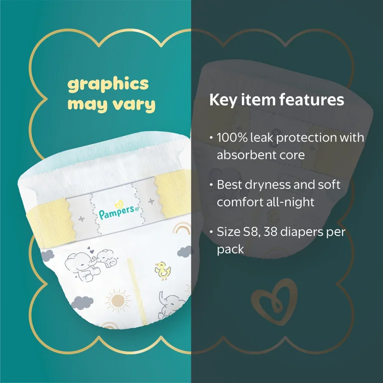 Free Shipping! Pampers Leak Protection Diaper Size 8 38 Count with