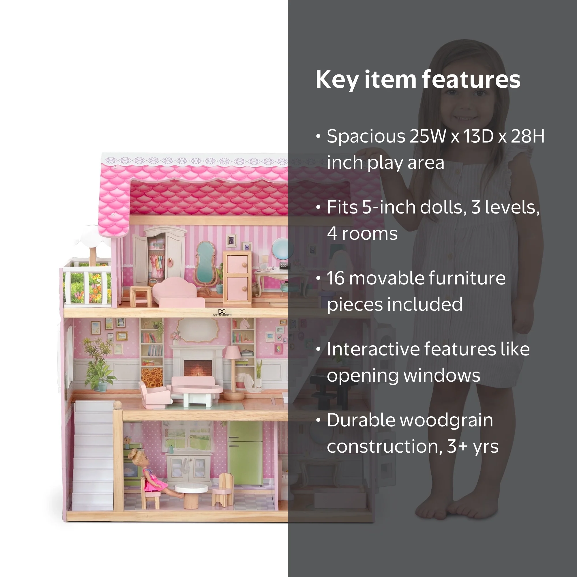 Delta Children Little Gem Dollhouse, 3-Story Wooden with 4 Rooms