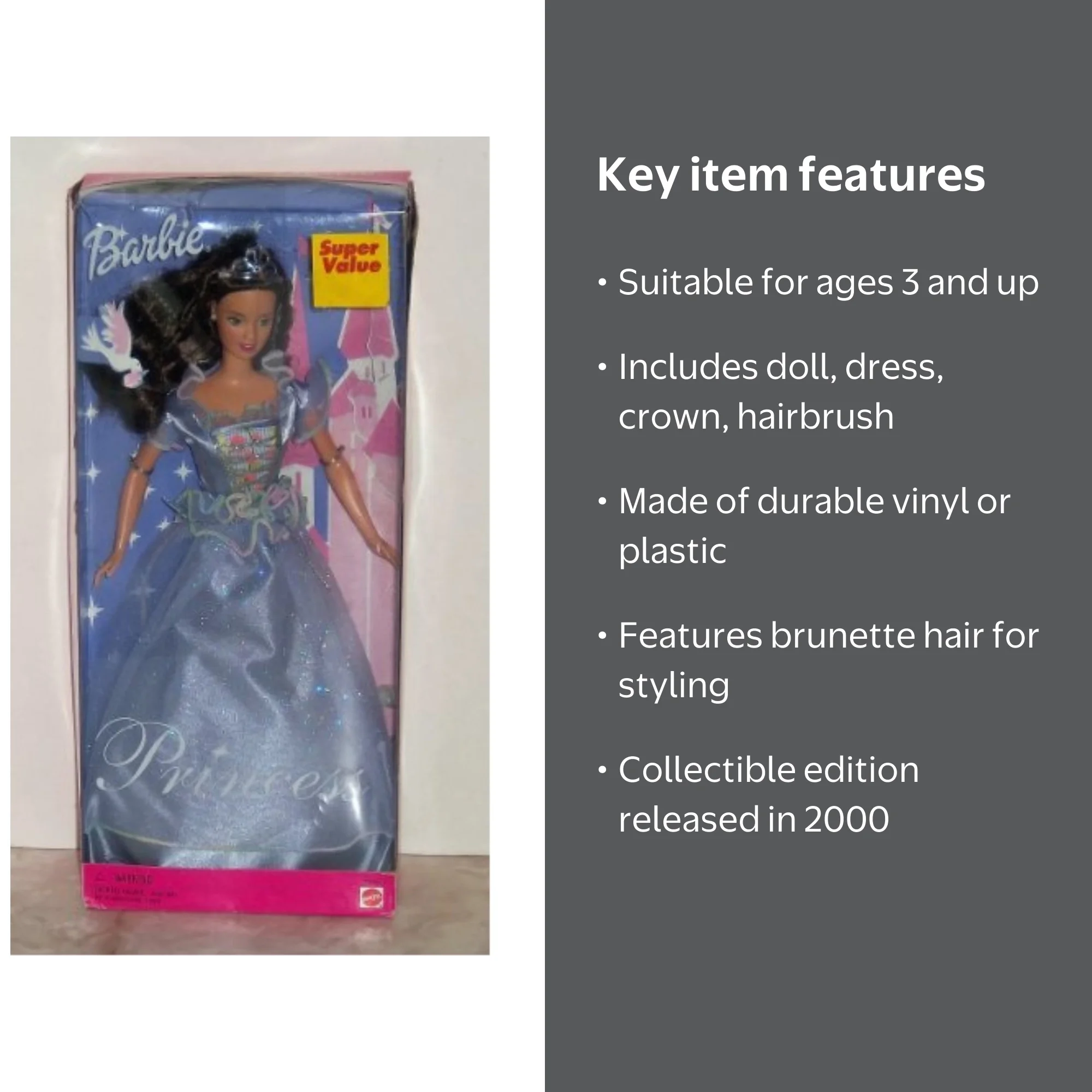 Princess Brunette Barbie Doll 2000 Mattel 28266 - Walmart.com