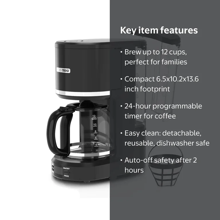 12-Cup Programmable Coffee Maker Removable Water Reservoir Drip