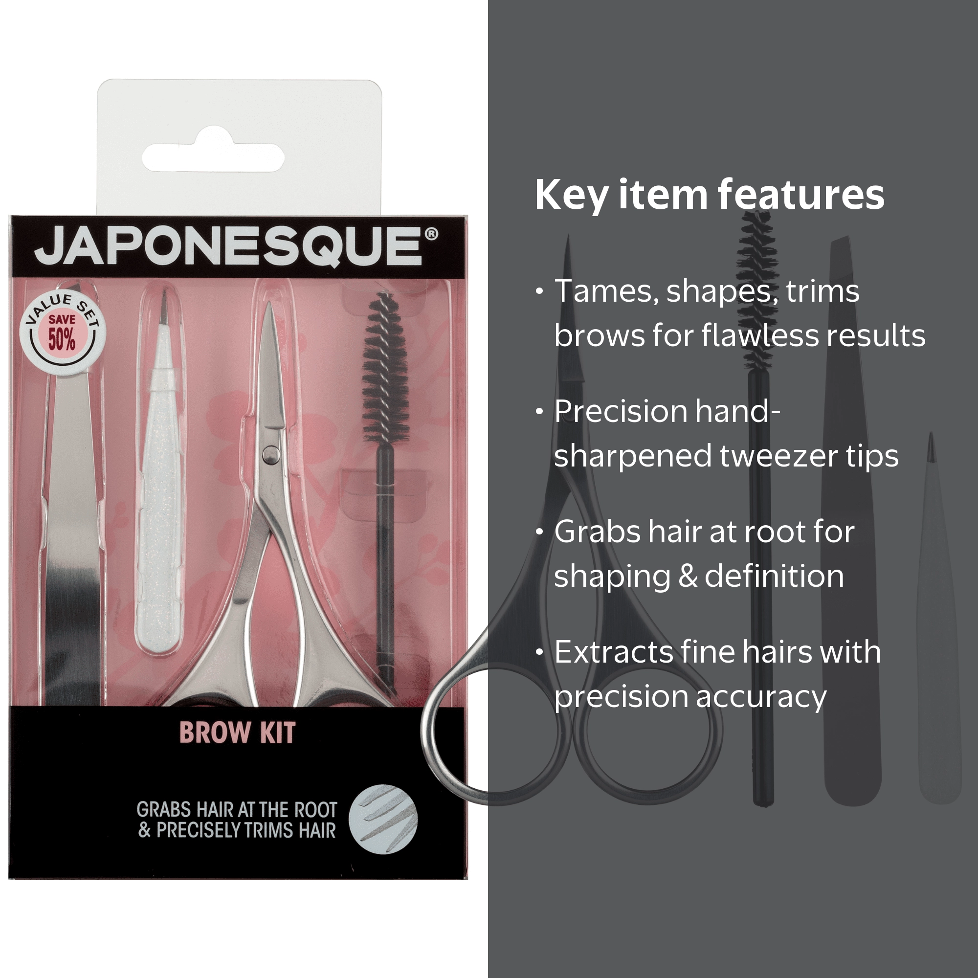 Japonesque Brow Grooming Kit, Includes Slant Tweezer, Point