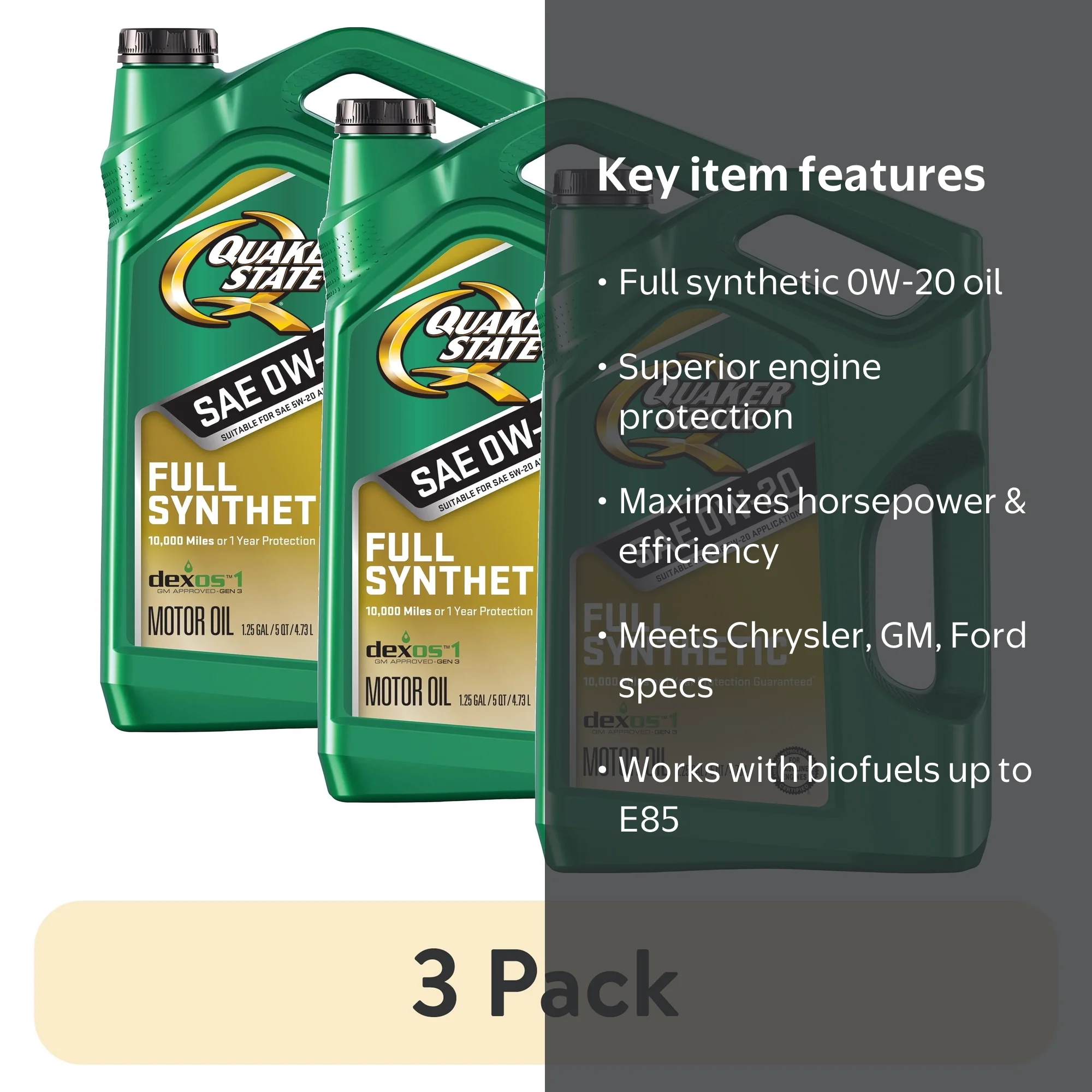 3 pack) Quaker State Full Synthetic 0W-20 Motor Oil, 5-Quart