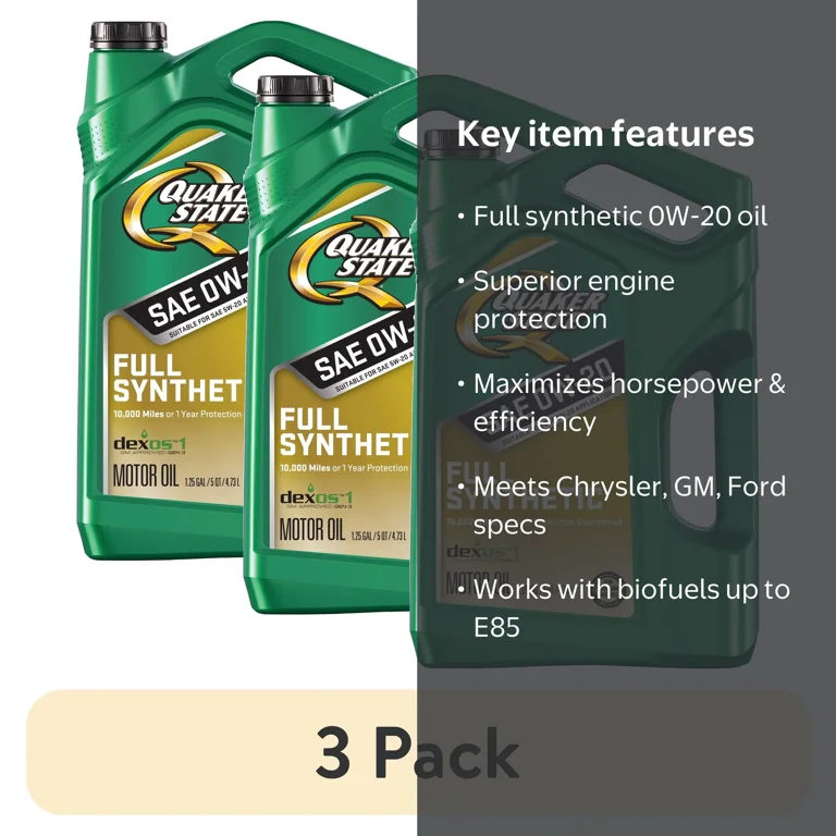 3 pack) Quaker State Full Synthetic 0W-20 Motor Oil, 5-Quart