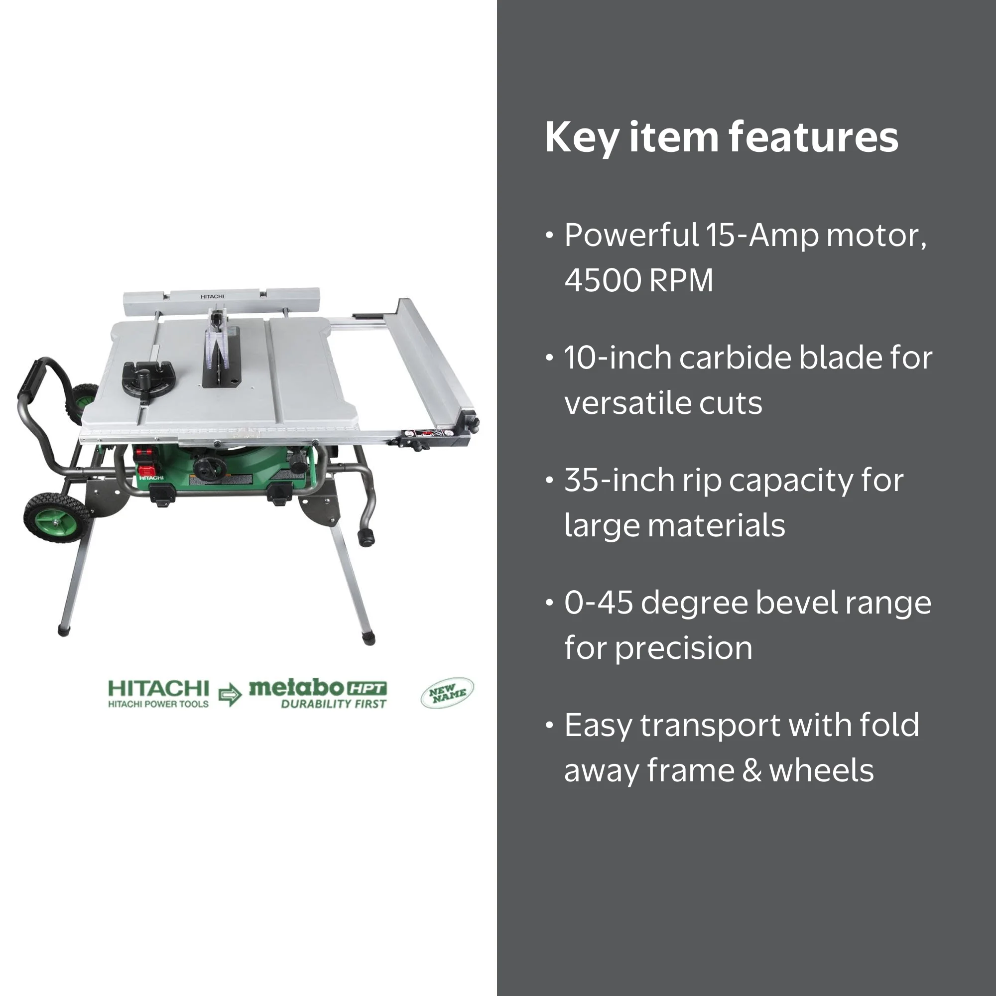 Hitachi C10Rj 15 Amp 10-Inch Portable Job Site Table Saw with Ten