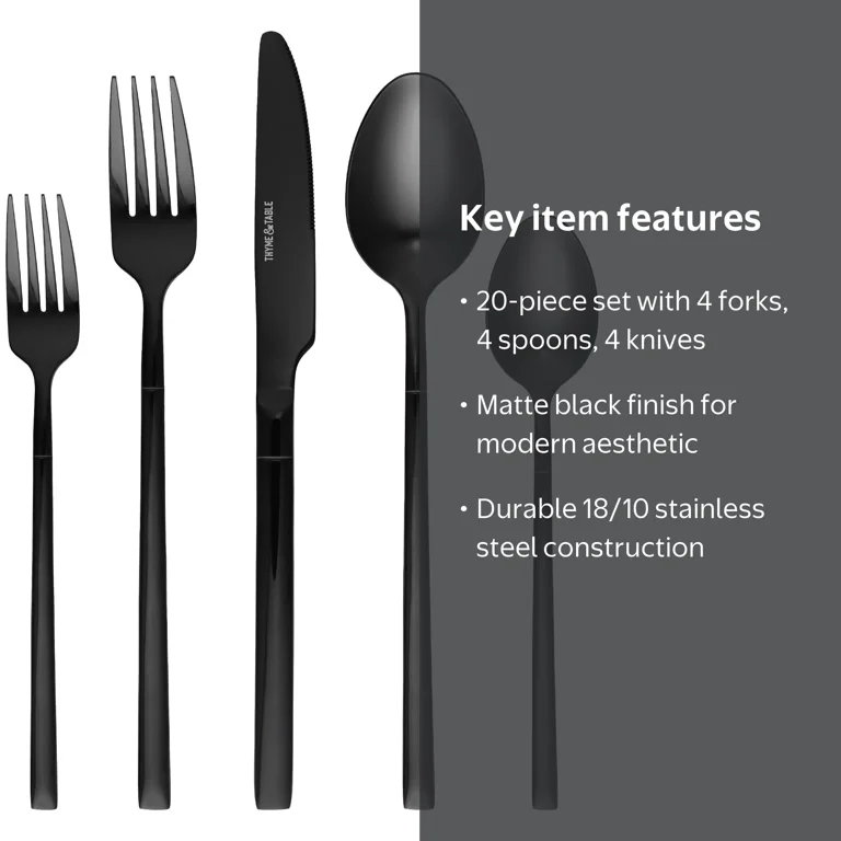 Thyme & Table Arden 20-Piece Stainless Steel Flatware Set, Black, Service for 4, Modern Design