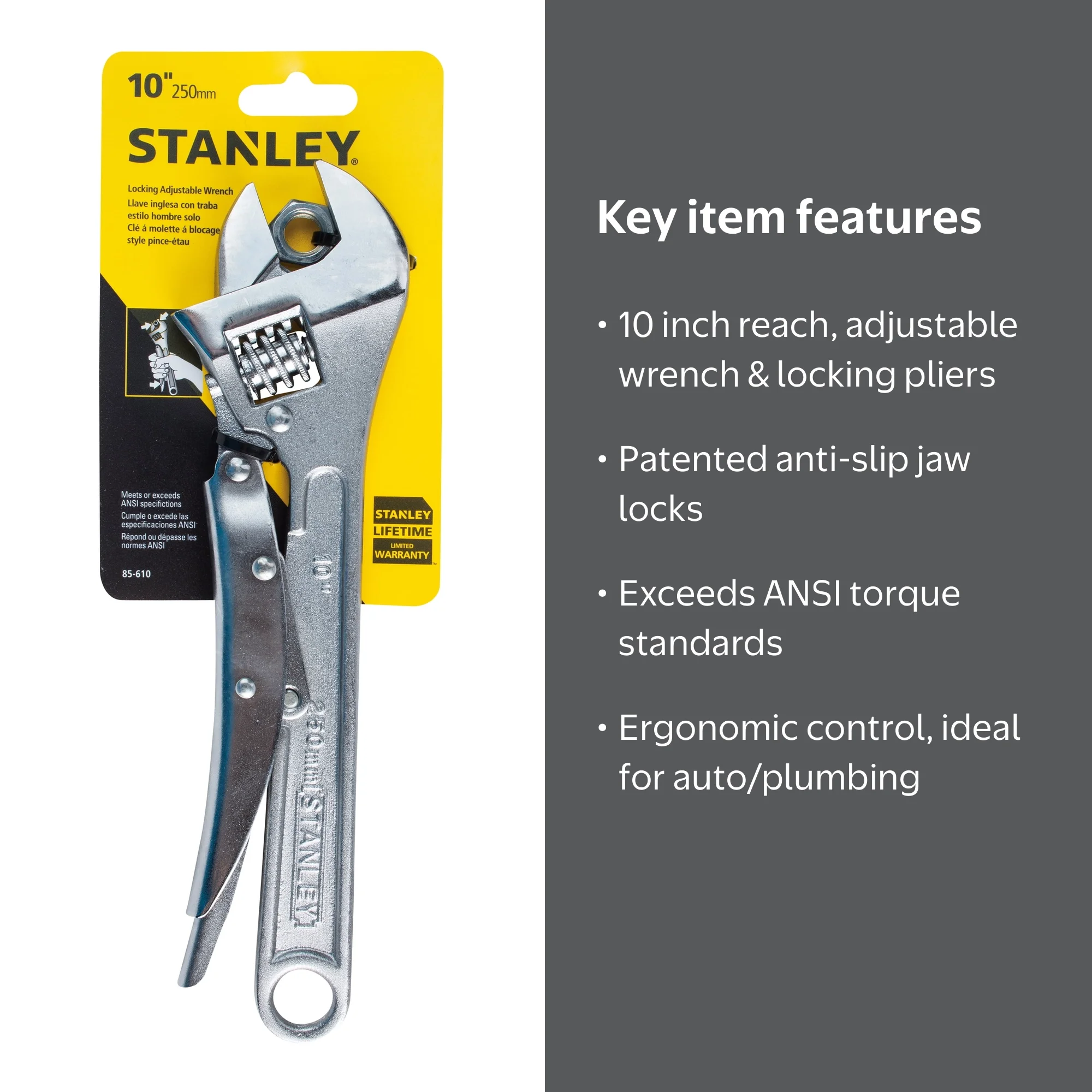 STANLEY 85-610W, 10'' Locking Adjustable Wrench, Anti-Slip