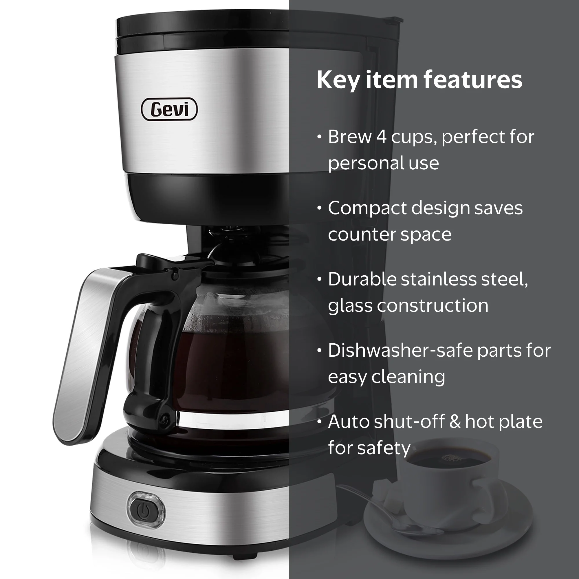 Gevi Small Drip Coffee Maker, 4-Cup, Compact Coffee Pot with Cone Filter,  Glass Carafe and Hot Plate, Stainless Steel