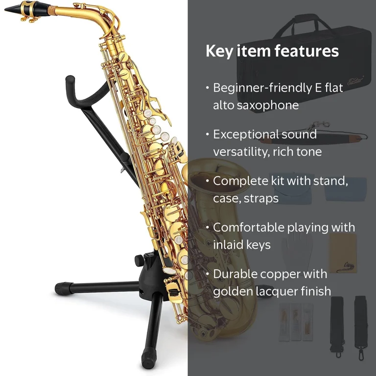 Eastar, Alto Saxophone, Gold Lacquer, Full Kit with Stand