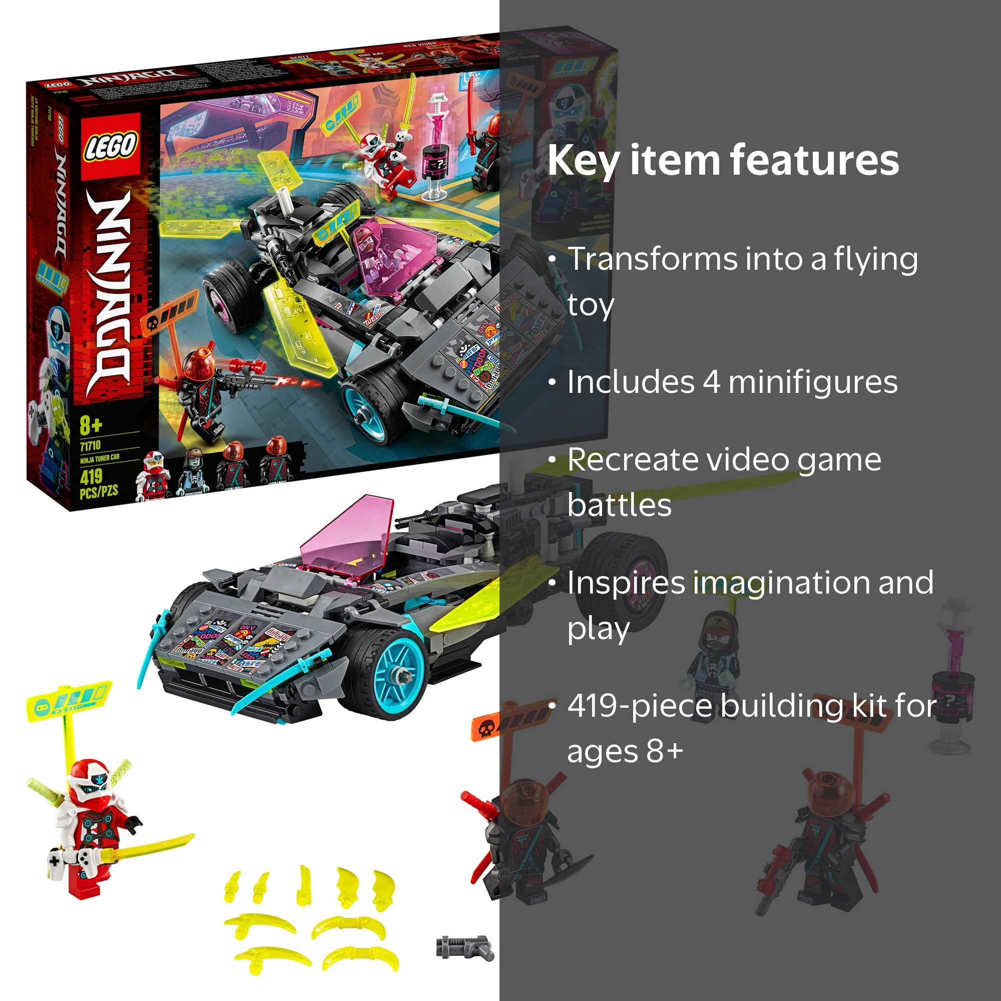 LEGO NINJAGO Ninja Tuner Car 71710, 419 Pieces, Transforming Toy
