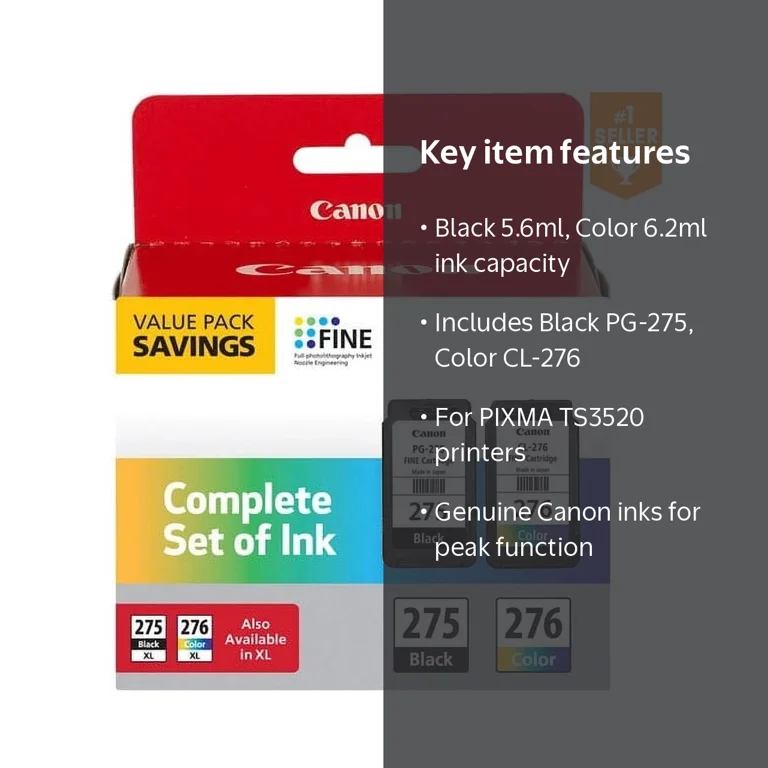 Canon PG-275 Black, CL-276 Color Ink Cartridges, 5.6 ml, 6.2 ml