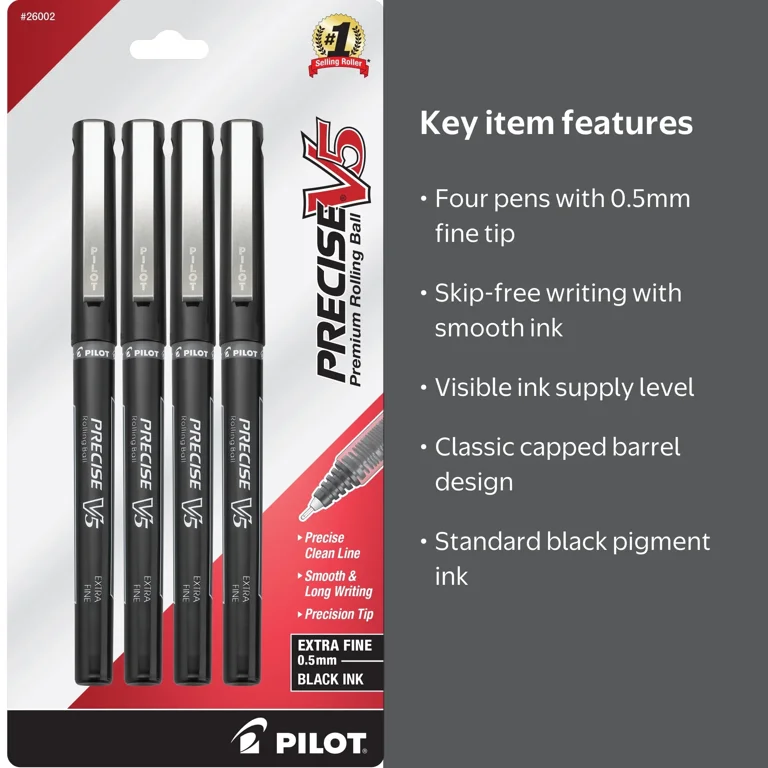 Pilot, Rolling Ball Pen, 0.5mm, Extra Fine, Black Ink, 4 Pack