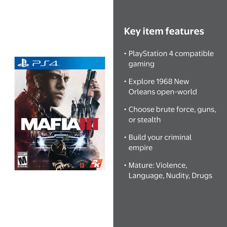 2K, Mafia III Physical Video Game, PlayStation 4 with Mature