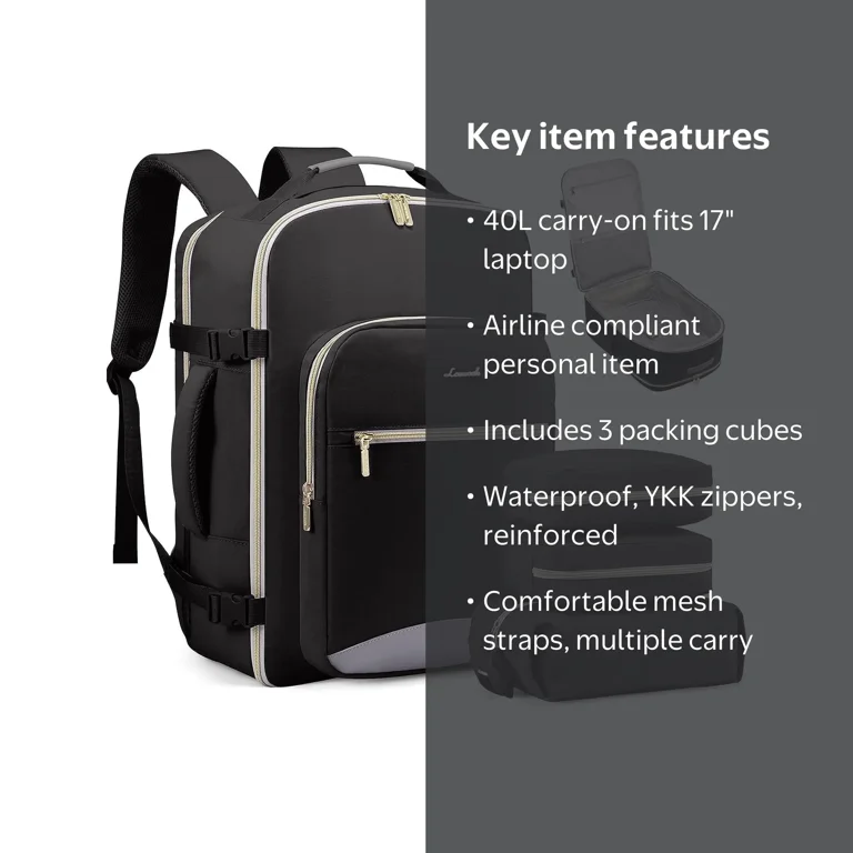 40l backpack carry on with layflat laptop Travel On, Airline Approved Compartment & Packing Cubes on size limits Wudkey 40L Waterproof Travel Backpack,