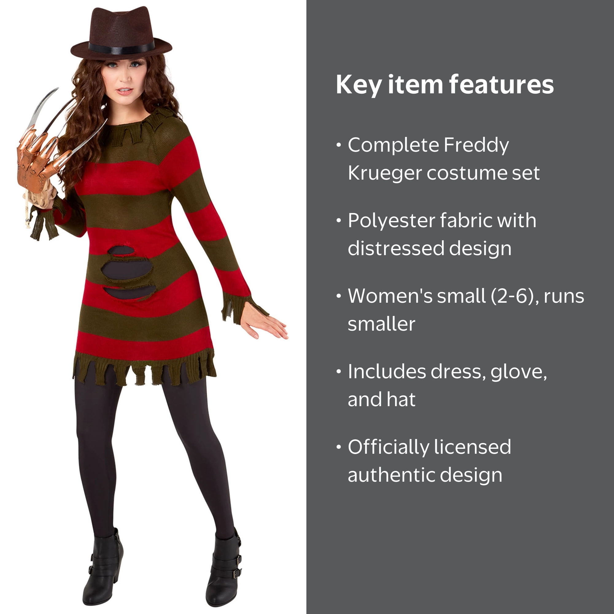 freddy krueger ladies fancy dress Womens Freddy Krueger Halloween Costume - Adult Nightmare Dress with Hat  and Glove