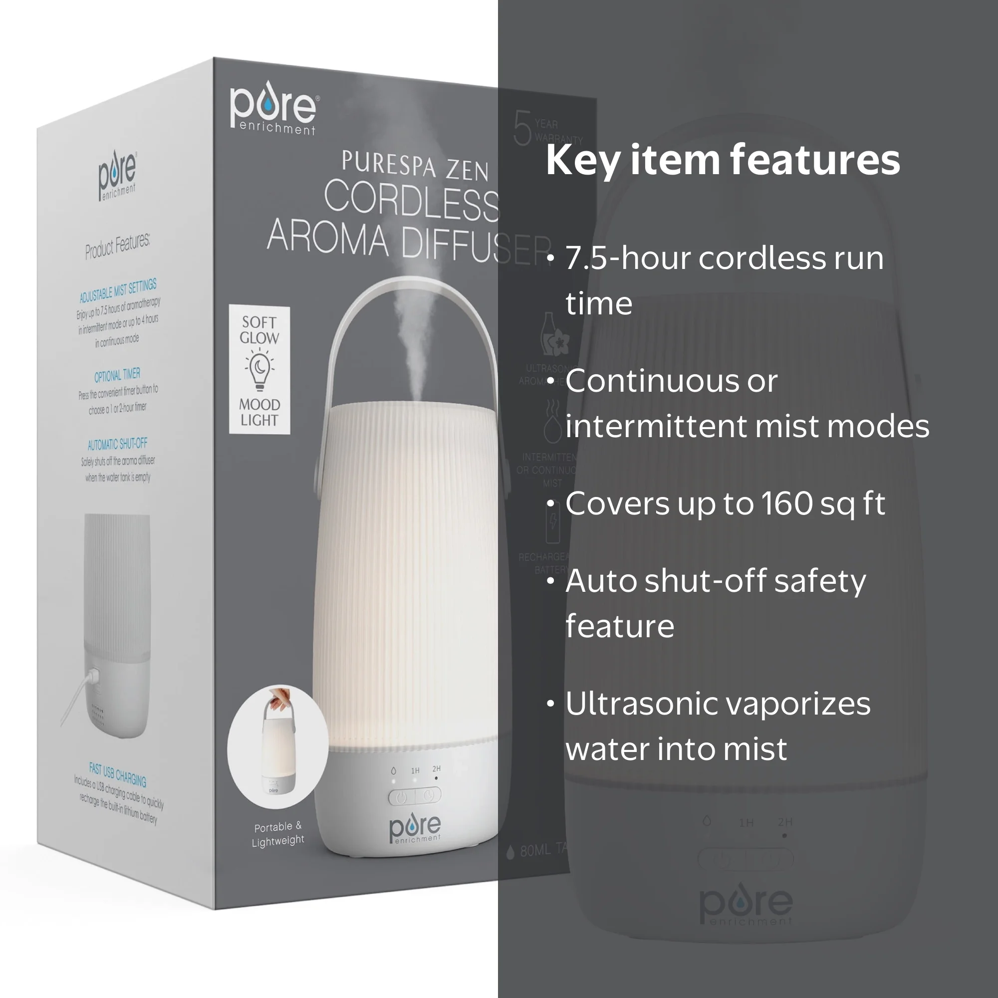 Pure Enrichment PureSpa Zen Cordless Essential Oil Diffuser 7.5 Hr