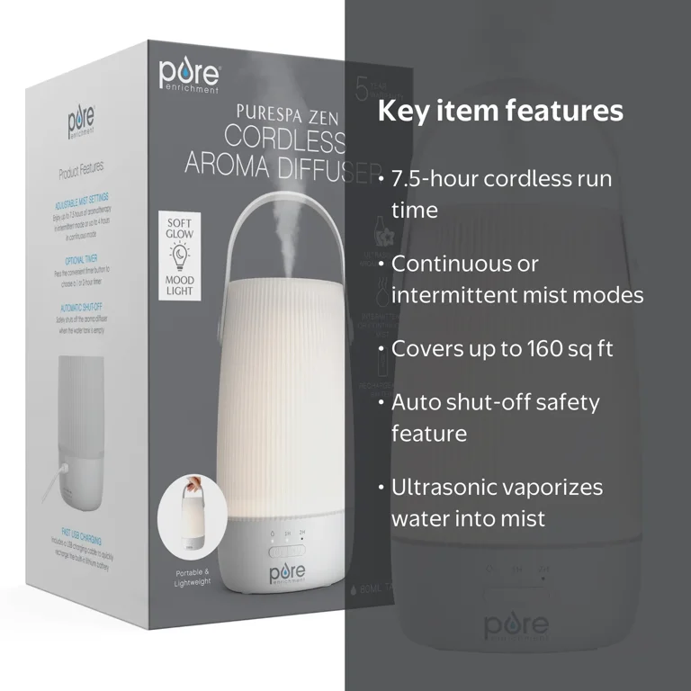 Pure Enrichment PureSpa Zen Cordless Essential Oil Diffuser 7.5 Hr