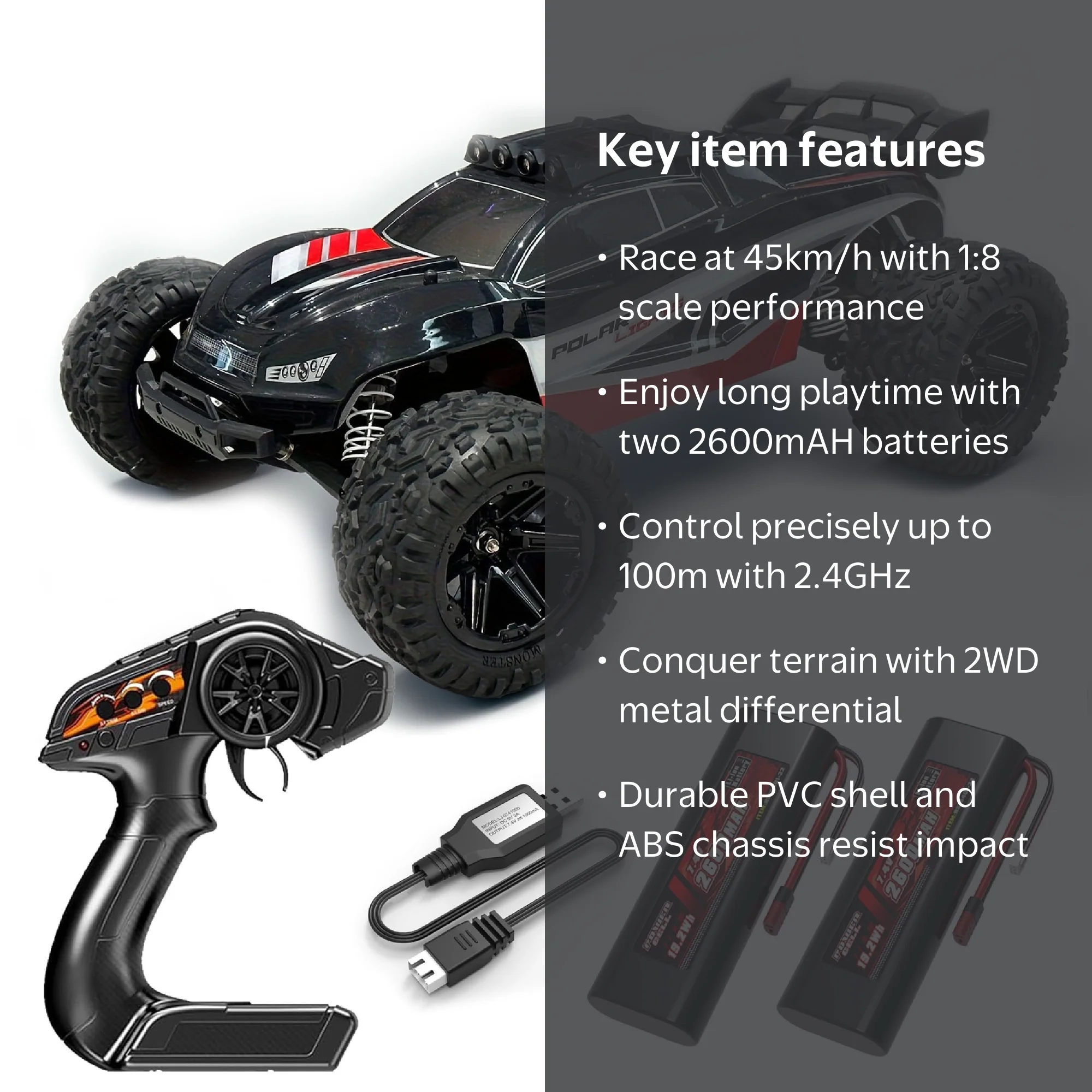 Flypear, High Speed RC Car, 1:8 Large Scale, All Terrain, 45+KM H