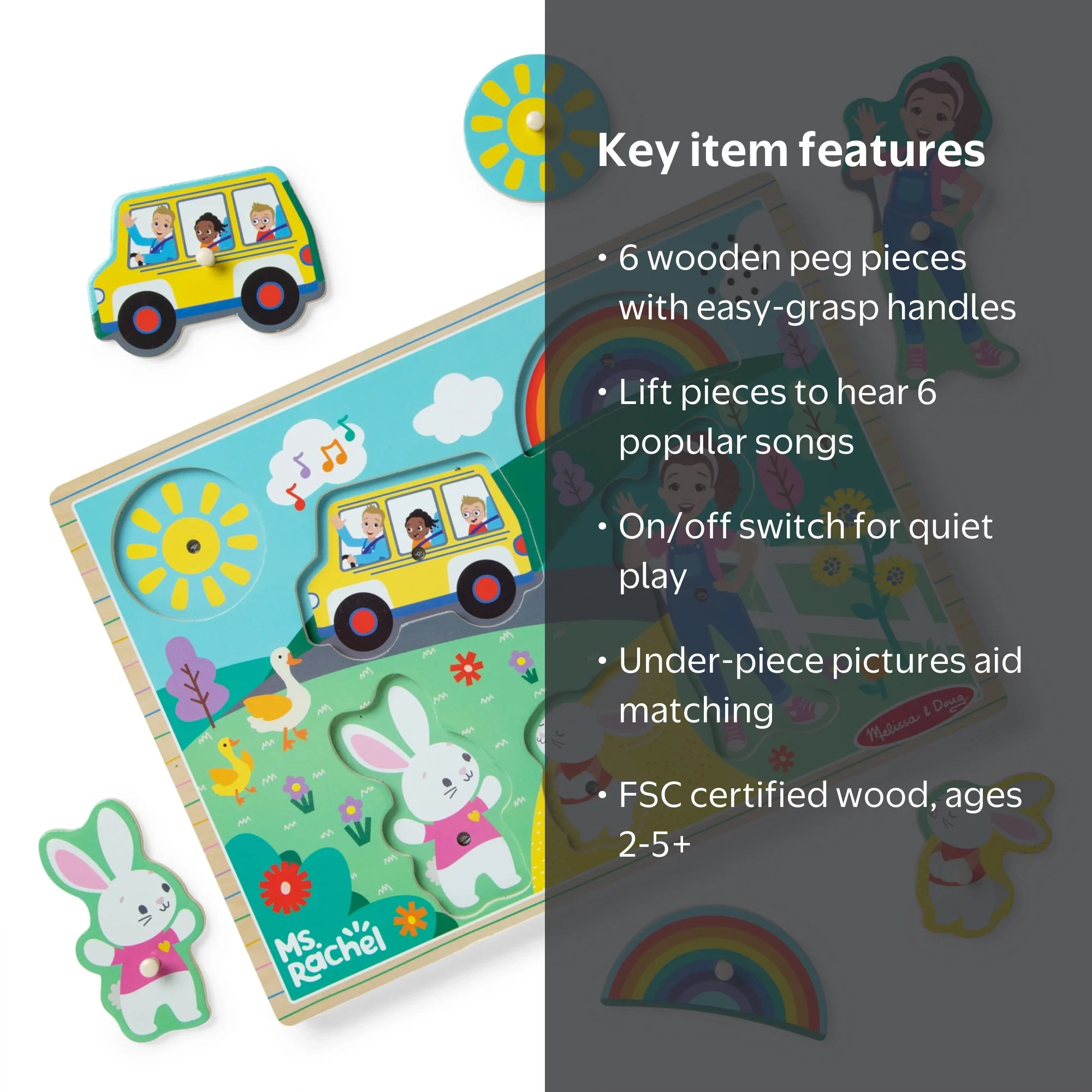 Ms. Rachel™ Melissa & Doug® Wooden Song Peg Puzzle, 6-Piece with