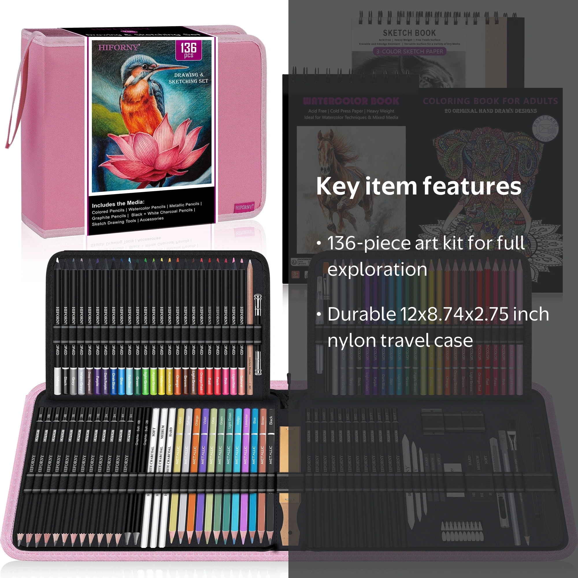 HIFORNY 136 PCS Drawing & Sketching Set,Pro Art Supplies with