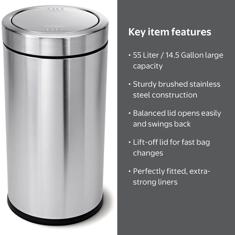 simplehuman 55L/14.5G Stainless Steel Swing Top Trash Can