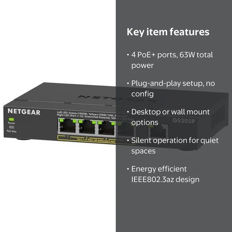 NETGEAR 5-Port PoE Gigabit Ethernet Unmanaged Switch GS305P-300NAS