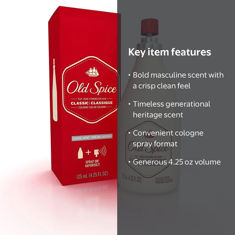 Old Spice, Classic Cologne Spray, 4.25 fl oz, Masculine Scent