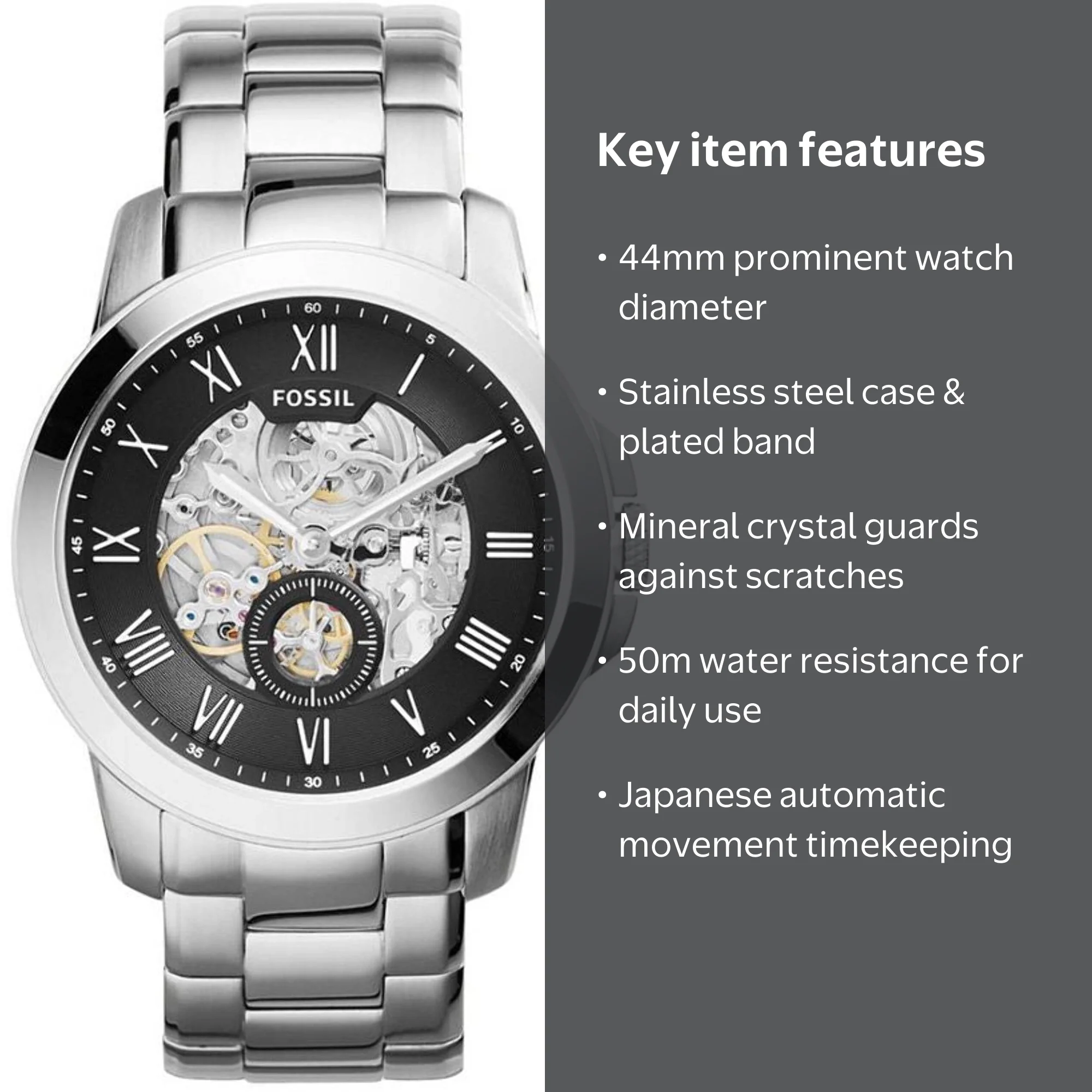 Fossil Men's Grant Watch Automatic Mineral Crystal ME3055