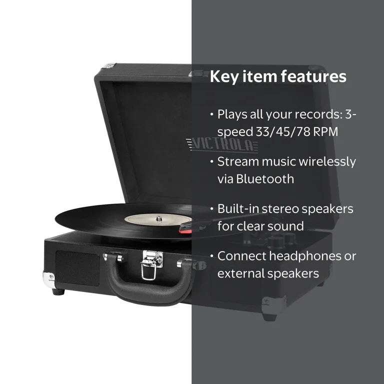 Victrola Bluetooth Portable Suitcase Record Player, 3-speed, Black