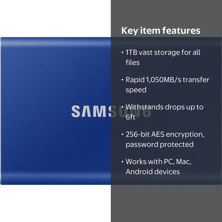 SAMSUNG 1TB T7 Portable Solid State Storage, USB 3.2 External SSD