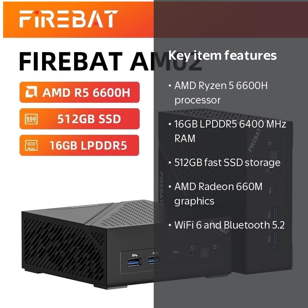 FIREBAT AM02 Slim Mini PC, AMD Ryzen5 6600H, 16GB, 512GB SSD