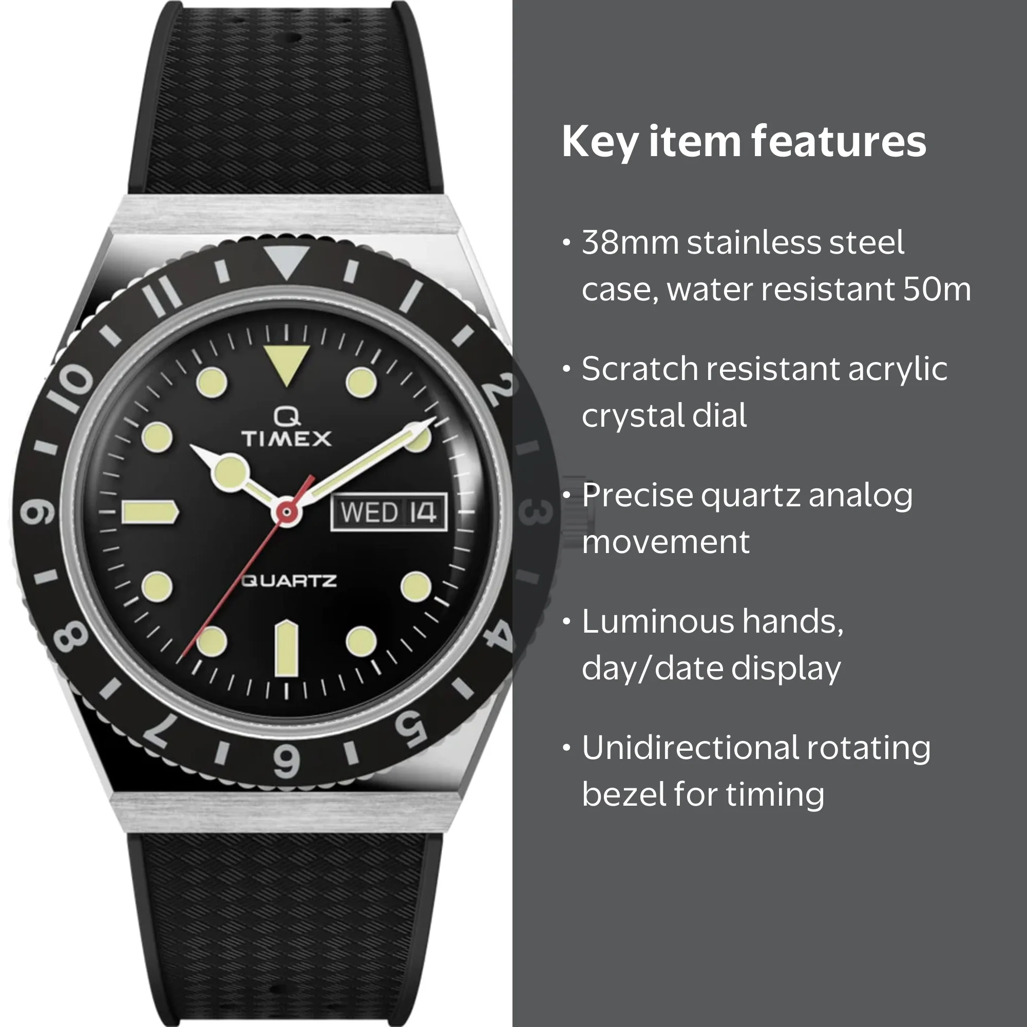Timex, Men's Q Quartz Watch, TW2V32000, Black Dial Rubber Strap