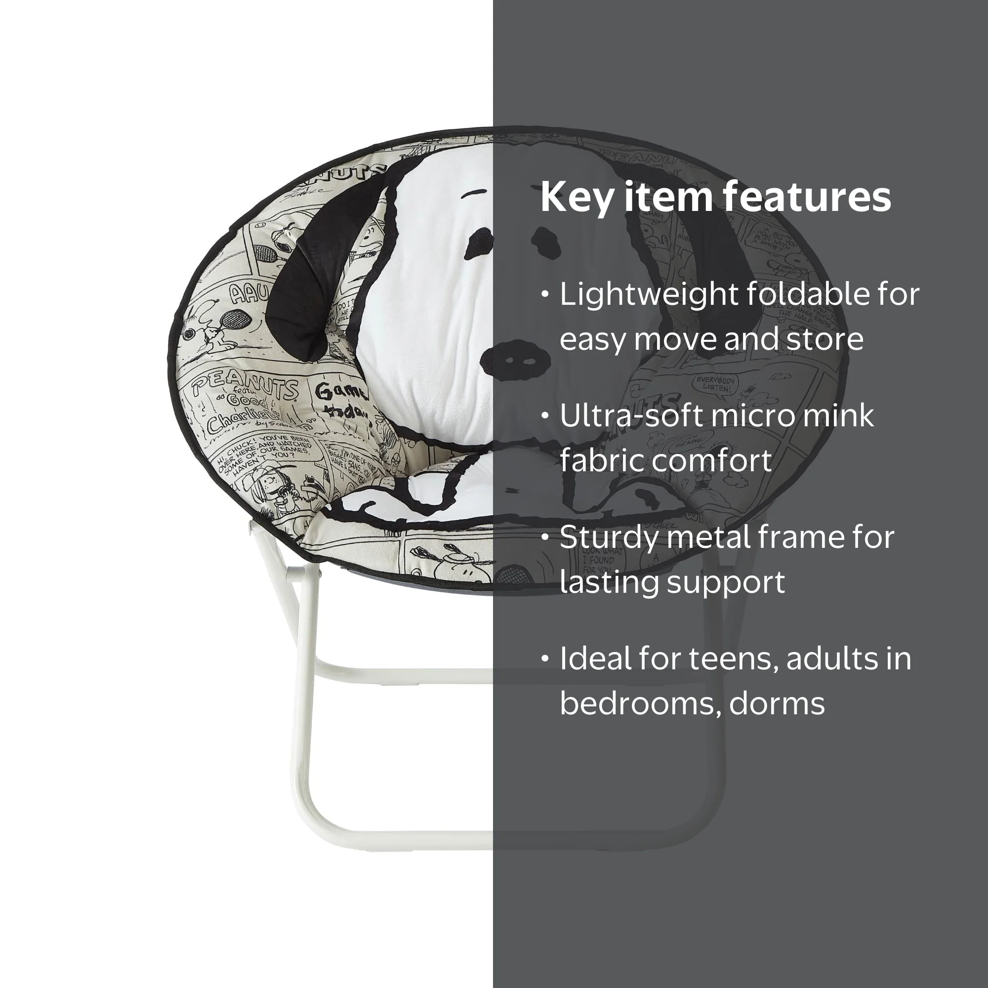 Snoopy Folding Saucer Chair for Teens and Adults, Black and White
