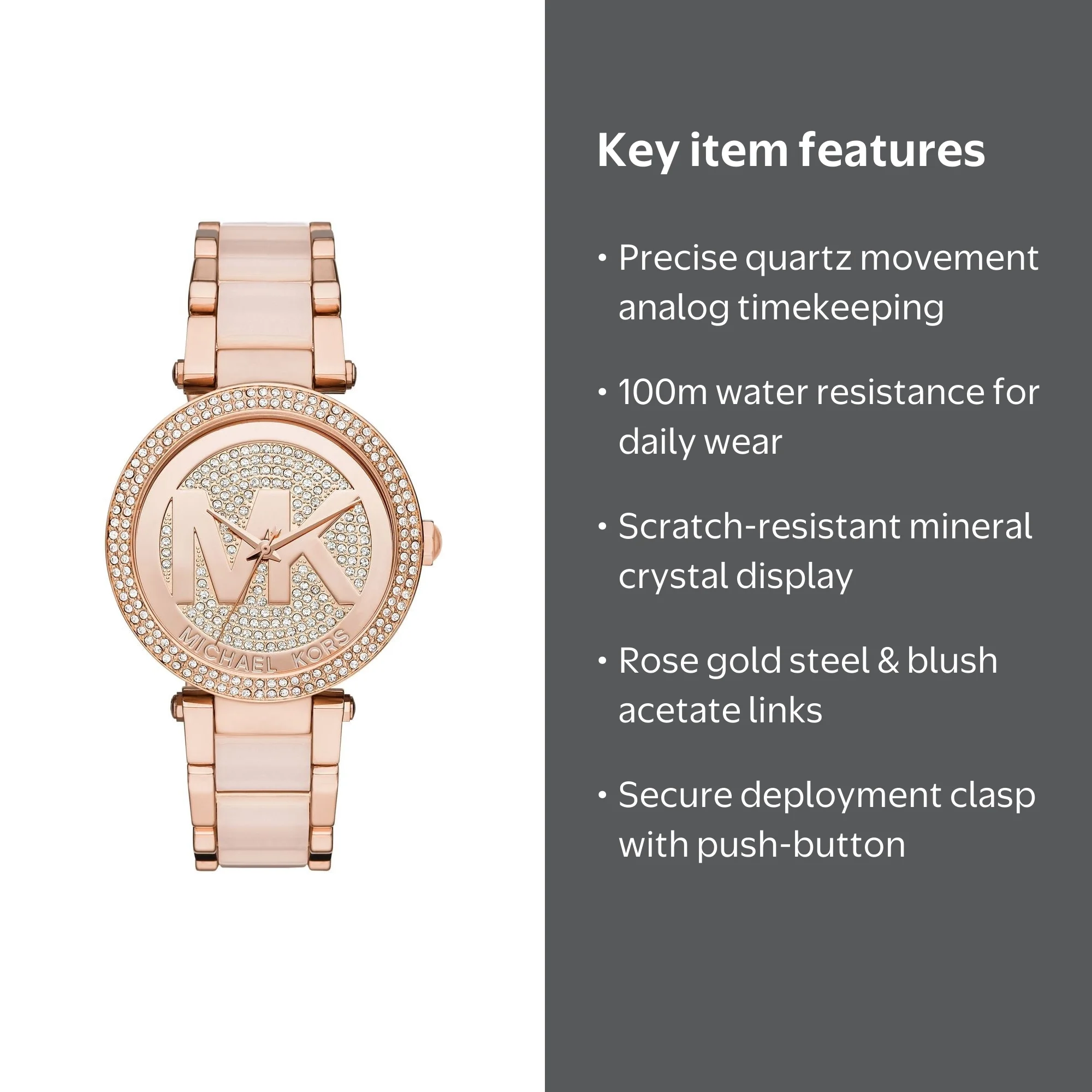 Michael Kors Women's Parker Wrist Watch, Crystal Pave Logo, Rose